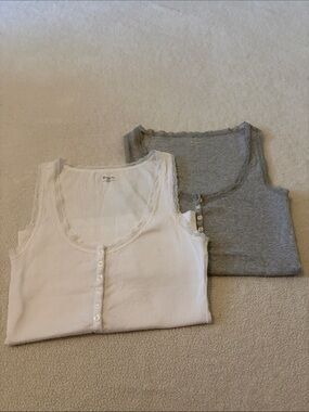 Ribbed Lace-Trim Henley Tank Tops - White & Gray (Set of 2)